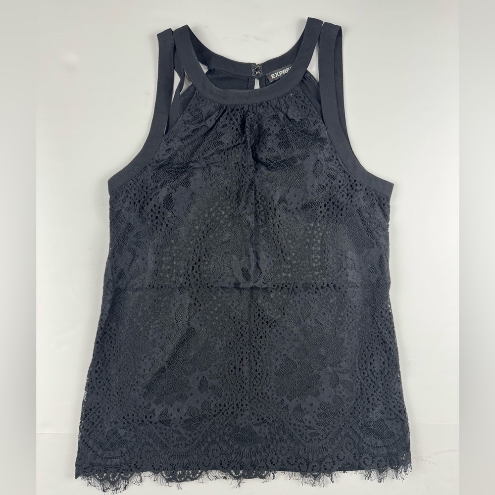 Express Black Women's sleeveless lace top with halter neck straps and lined
